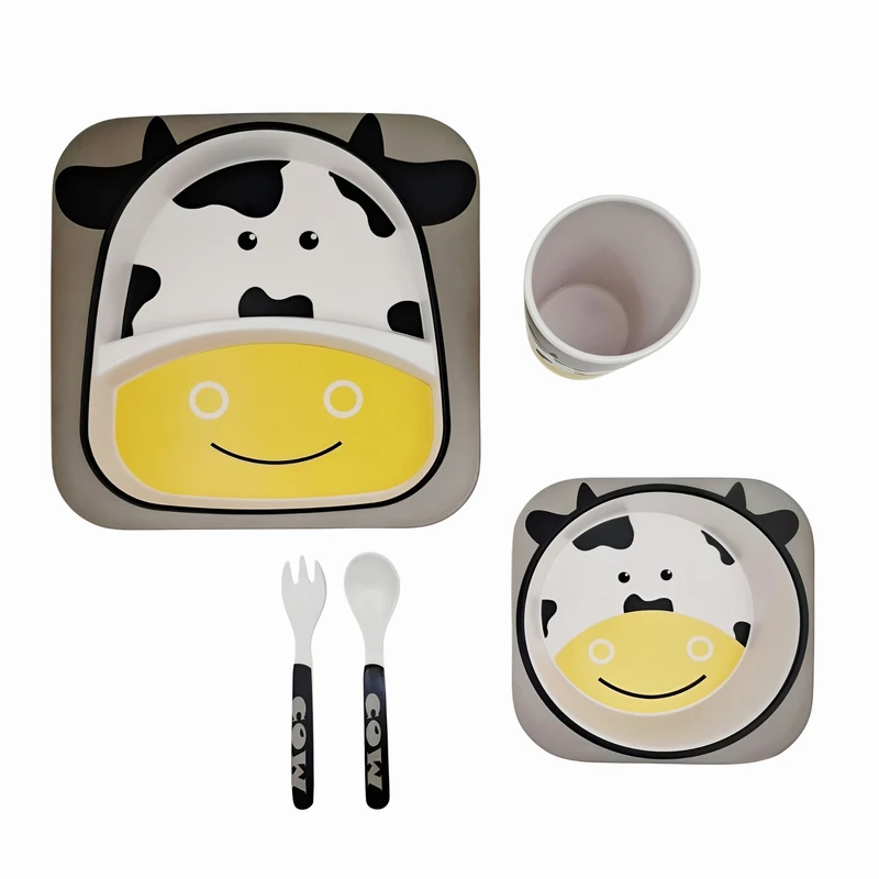 سرویس غذاخوری 5 تکه کودک مدل فیبر بامبو طرح گاو دوست داشتنی