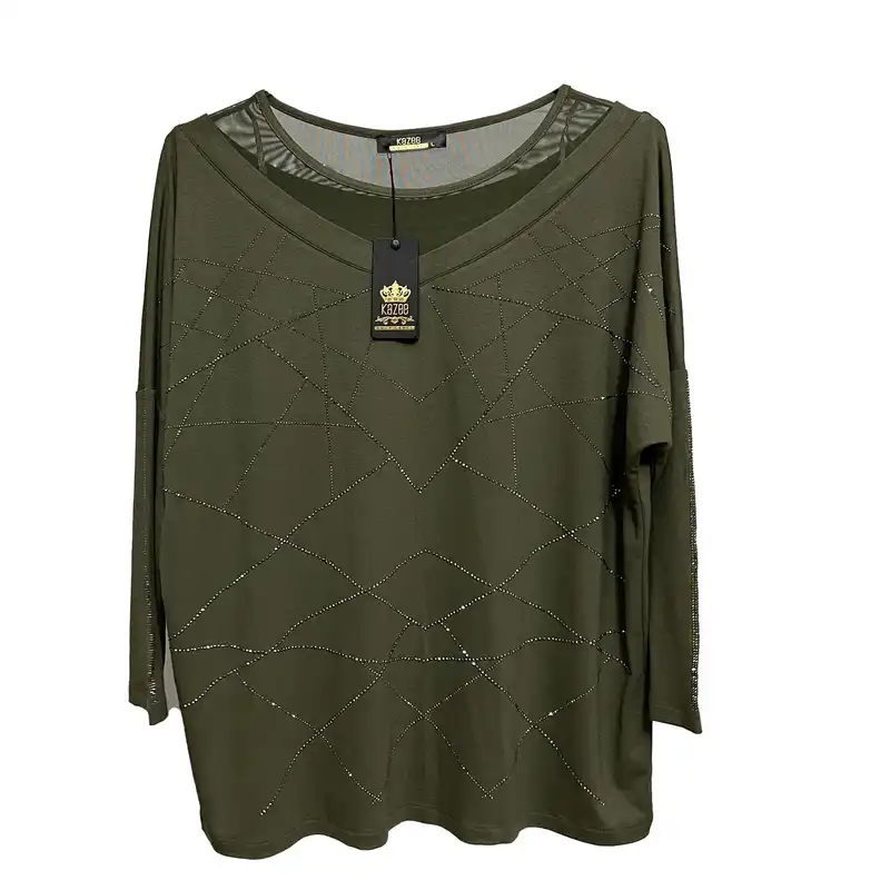 بلوز آستین بلند زنانه کازه مدل نگین دار ضربدری ترک سایزبزرگ