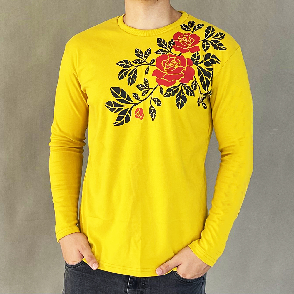 تی شرت آستین بلند مردانه مدل گل رز کد 02 رنگ خردلی