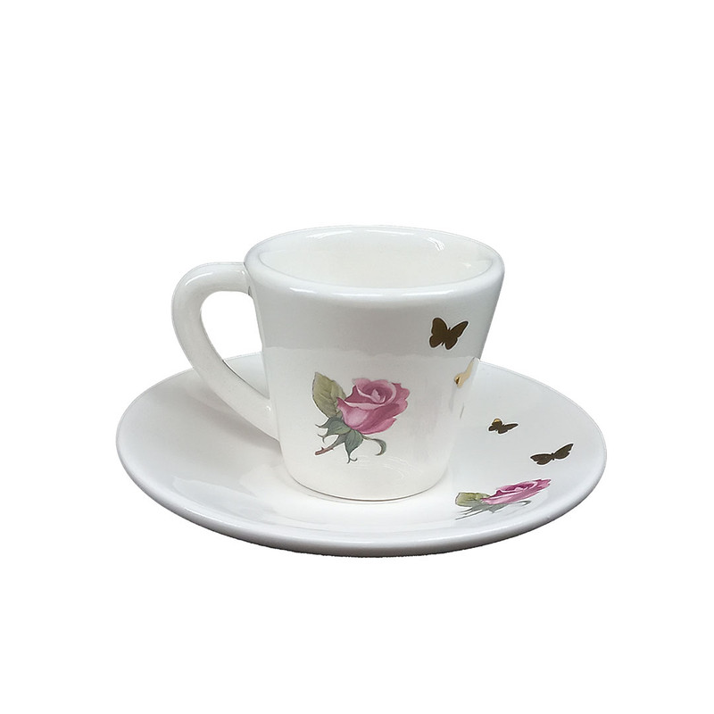 ست فنجان و نعلبکی سرامیکی طرح گل رز و پروانه
