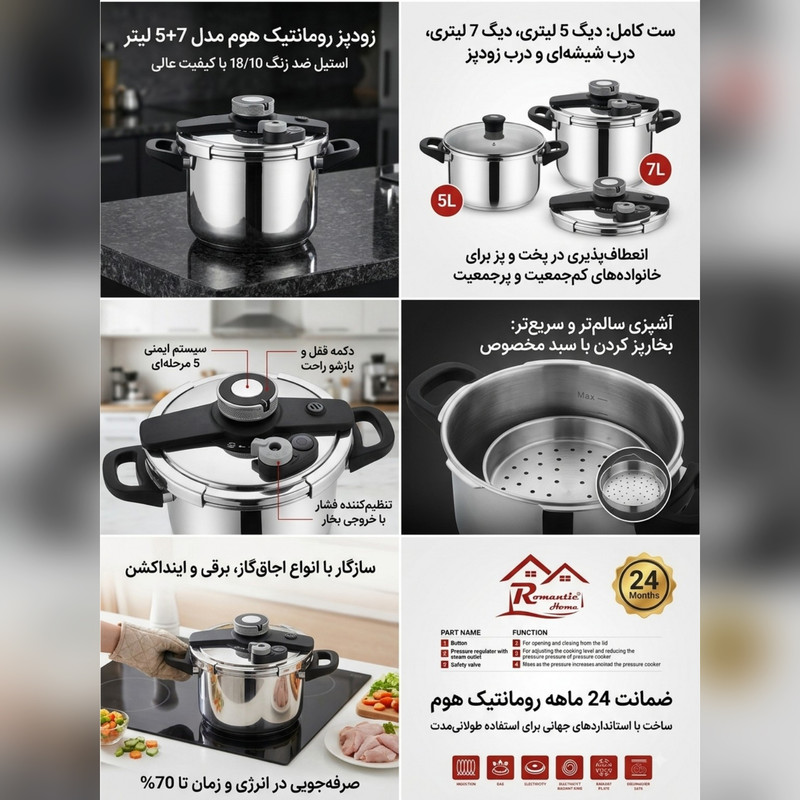 زودپز و بخارپز رمانتیک هوم مدل دوقلو گنجایش 7 و 5 لیتر