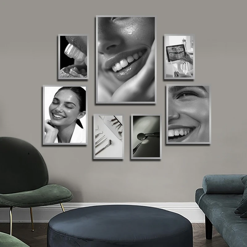 تابلو بکلیت طرح لبخند و دندانپزشکی مدل SI-3889 فریم نقره ای مجموعه 7 عددی