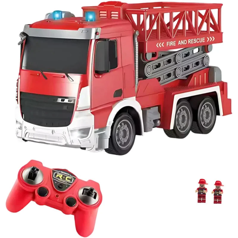 ماشین بازی کنترلی ناب سل مدل آتش نشانی بالابر شارژی چراغدار 7 کانال به همراه دو عددآدمک آتش نشان کد 7channel rechargeable fire truck control game machine with lights