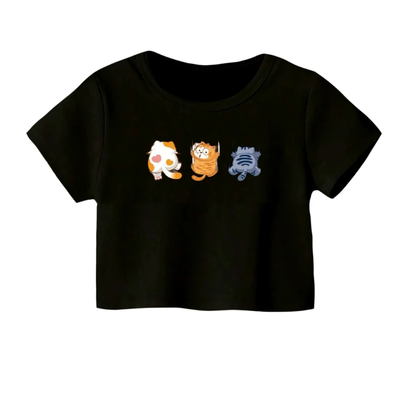 کراپ‌ تی‌شرت آستین کوتاه زنانه مدل گربه های آویز