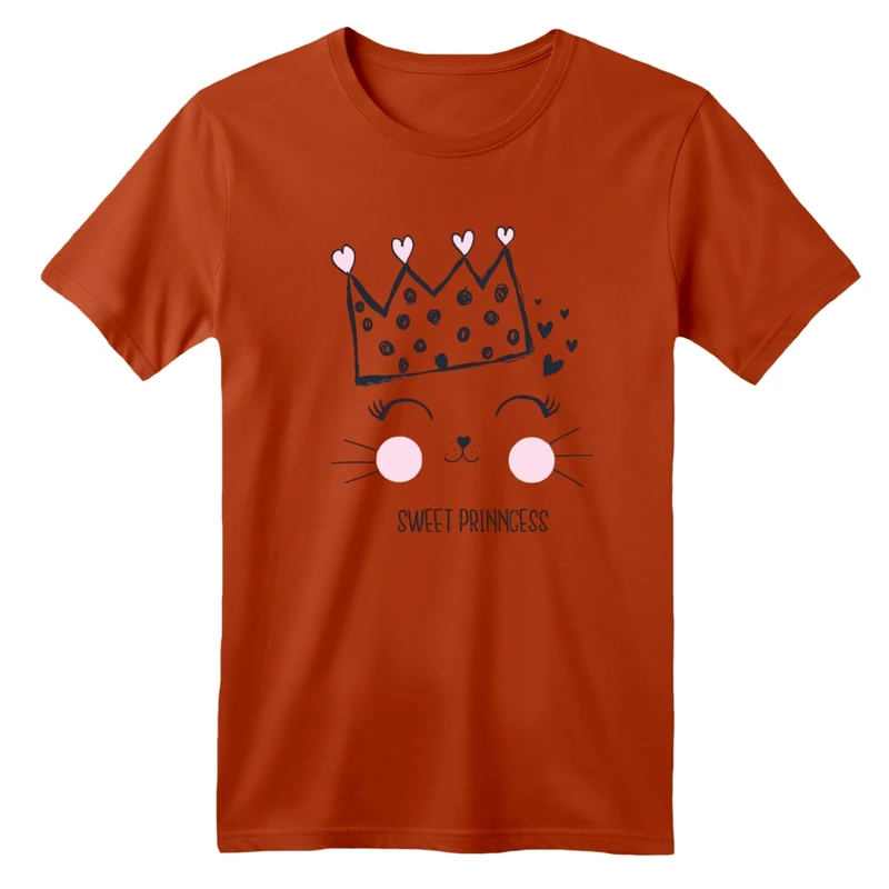 تی شرت آستین کوتاه بچگانه مدل گربه و تاج رنگ آجری