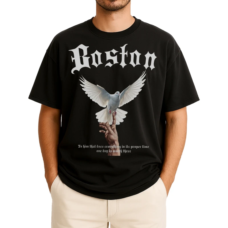 تی‌شرت اورسایز آستین کوتاه مردانه باهرپوش شرق مدل کبوتر آزاد یونانی کلاسیک z451