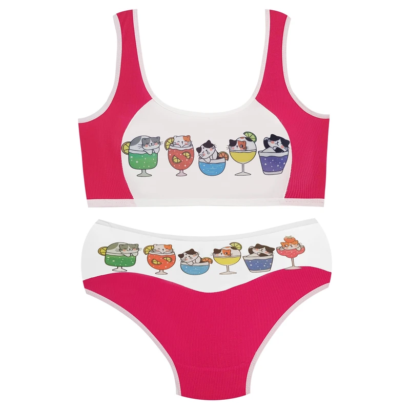 ست شورت و نیم تنه دخترانه ماییلدا مدل پددار گربه و آبمیوه کد 5164-2 رنگ سرخابی