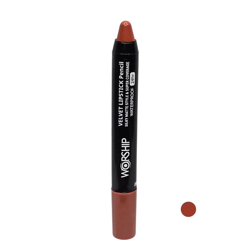 رژ لب مدادی مات مخملی ورشیپ مدل  VELVET MATTE ضد آب شماره 107