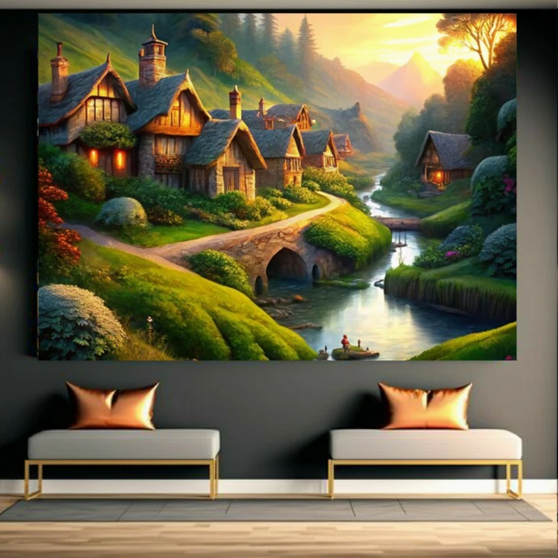 تابلو بوم طرح مخمل نقاشی خانه های روستایی در غروب خورشید کد GR1113