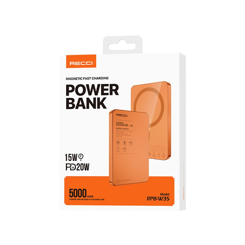 پاوربانک بی‌سیم 20 وات رسی مدل RPB-W35 ظرفیت 5000 میلی‌آمپر‌ساعت