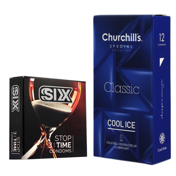 کاندوم چرچیلز مدل Cool Ice بسته 12 عددی به همراه کاندوم سیکس مدل کلاسیک تاخیری بسته 3 عددی 