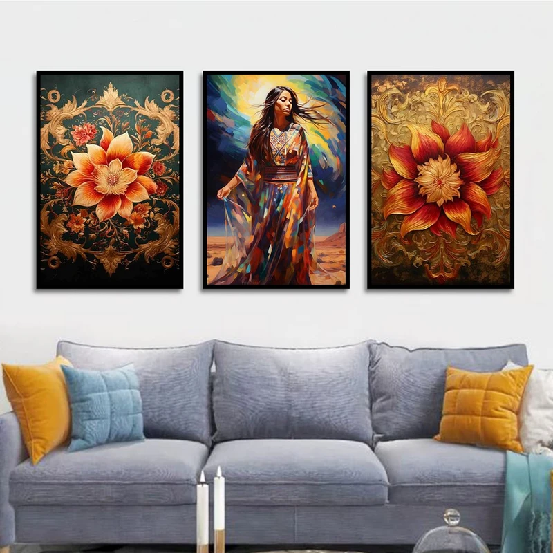 تابلو بکلیت طرح نقاشی رنگ روغن لباس سنتی و گل طلایی مدل B-1389 مجموعه 3 عددی