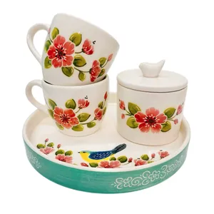 سرویس چای خوری 4 پارچه دو نفره مدل گل و مرغ