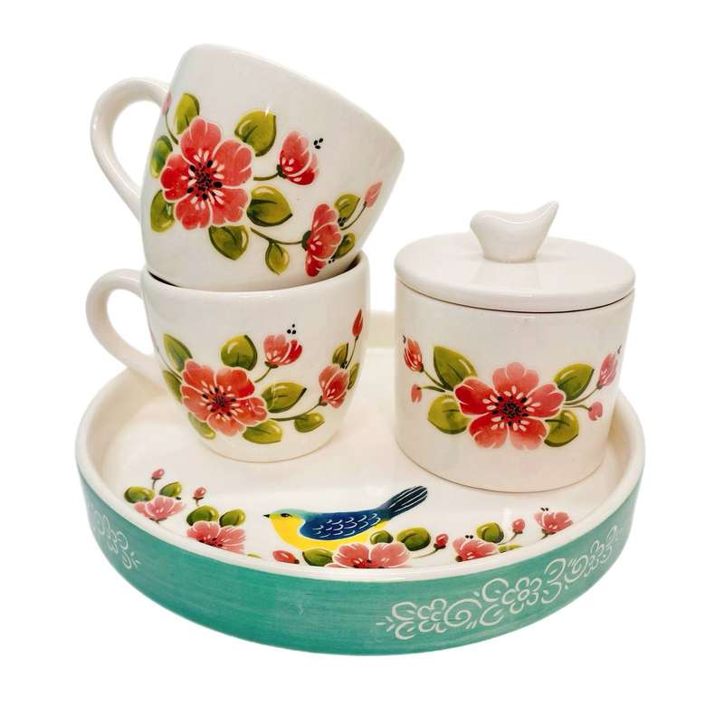 سرویس چای خوری 4 پارچه دو نفره مدل گل و مرغ