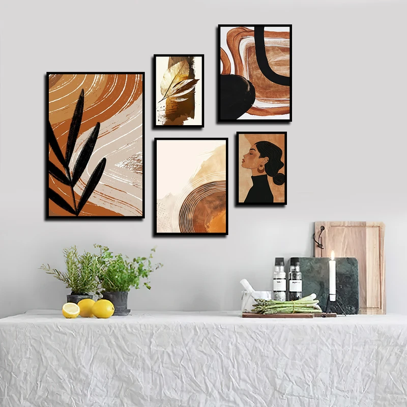 تابلو بکلیت طرح نقاشی چهره  و برگ مدل B-3406 فریم مشکی مجموعه 5 عددی