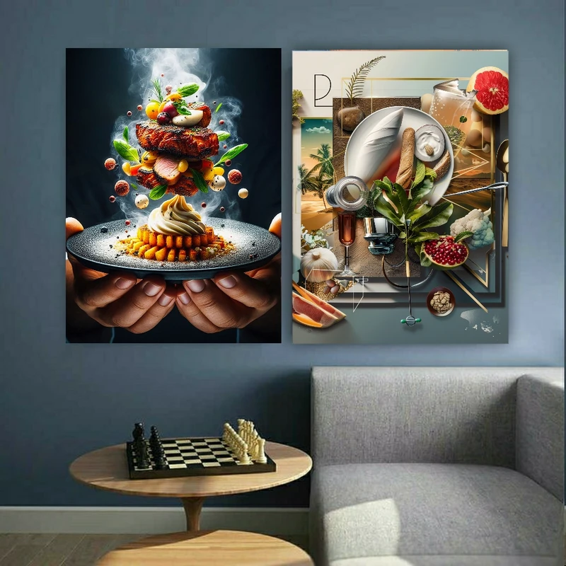 تابلو بوم طرح غذاهای کافی شاپ مدل استیک و ساندویچ کد BK22749 مجموعه دو عددی 