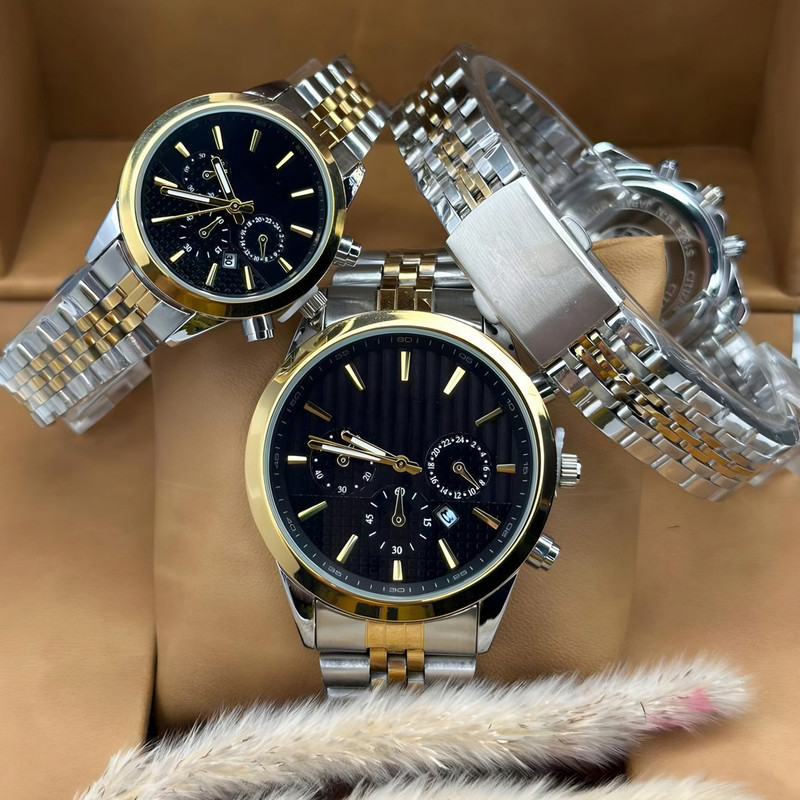 ست ساعت مچی عقربه ای زنانه و مردانه مدل کوارتز کلاسیک بند فلزی تقویم دار کد 04