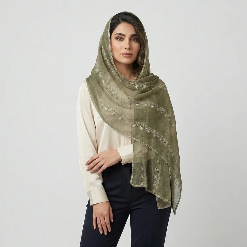 شال زنانه حریر مدل کرینکل خامه دوزی