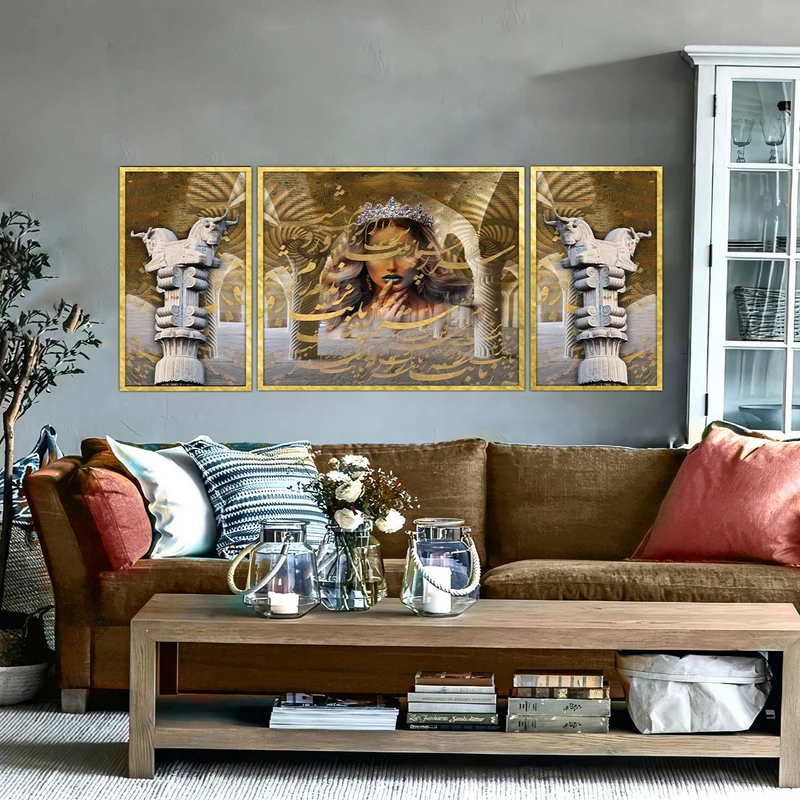 تابلو ساده بکلیت طرح مدرن دیجیتال آرت مدل شاین اکلیلی T-2909 فریم طلایی مجموعه 3 عددی