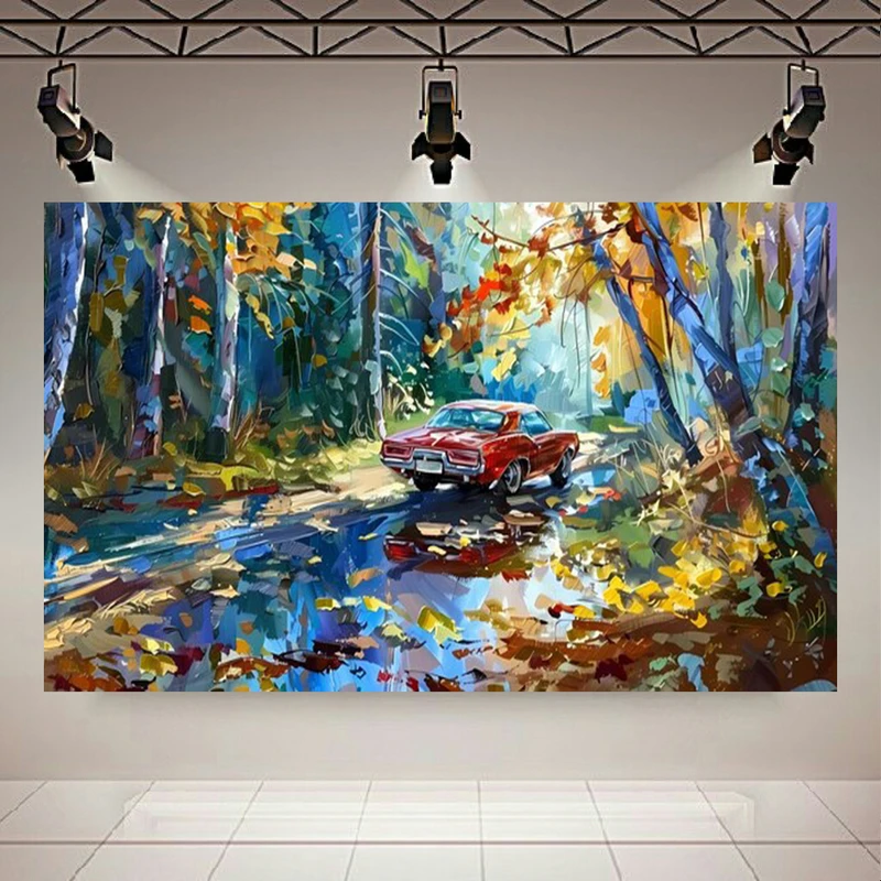 پوستر طرح مخمل طرح رنگ روغن جنگل پاییزی مدل ماشین کلاسیک کد AR304124