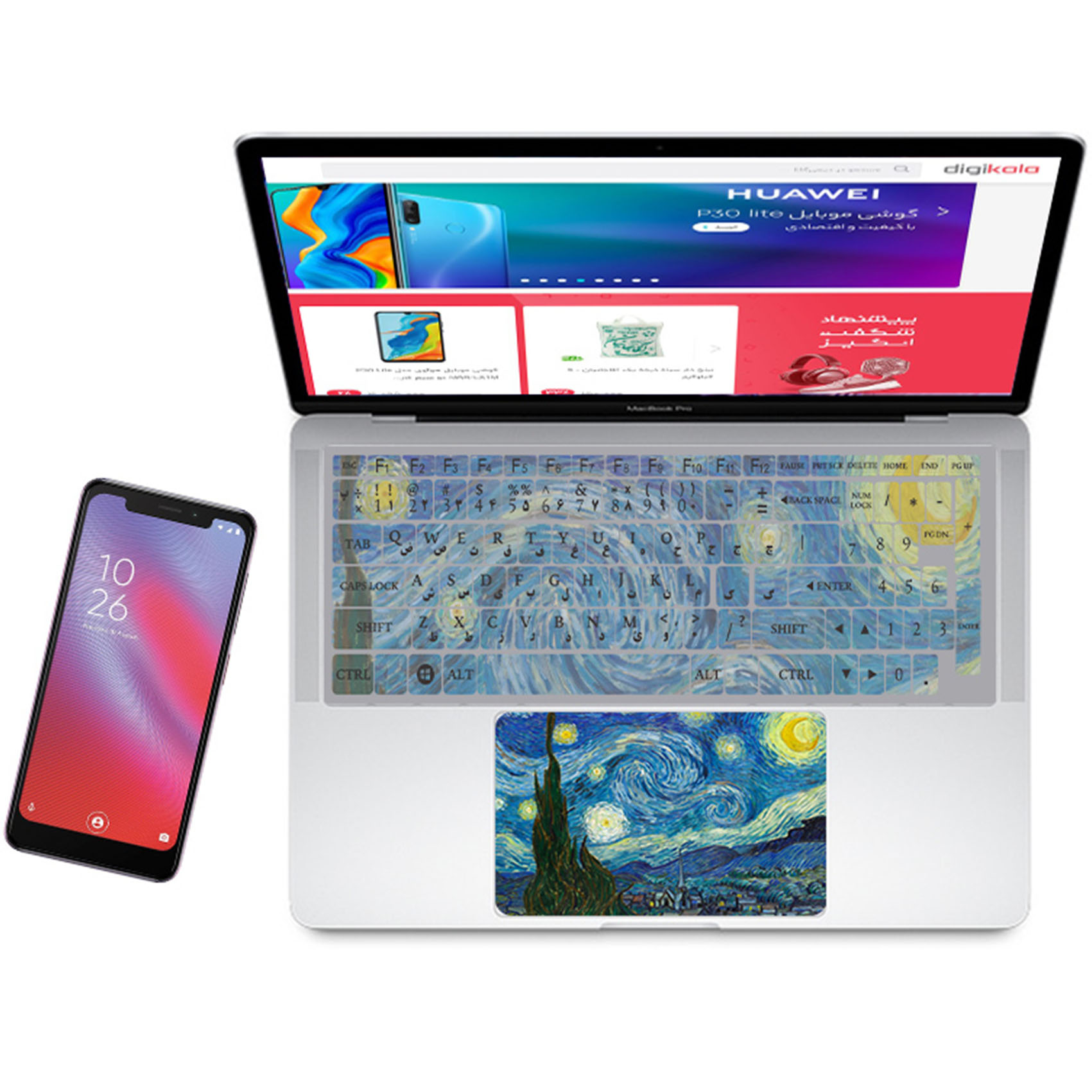 استیکر لپ تاپ راتیانا مدل نقاشی ونگوگ مناسب برای لپ تاپ 15 تا 17 اینچ به همراه برچسب حروف فارسی کیبورد
