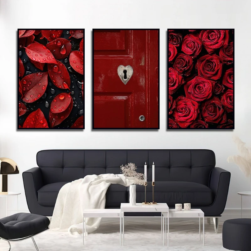 تابلو ساده بکلیت طرح گل رز و در چوبی مدل شاین اکلیلی B-2996 فریم مشکی مجموعه 3 عددی