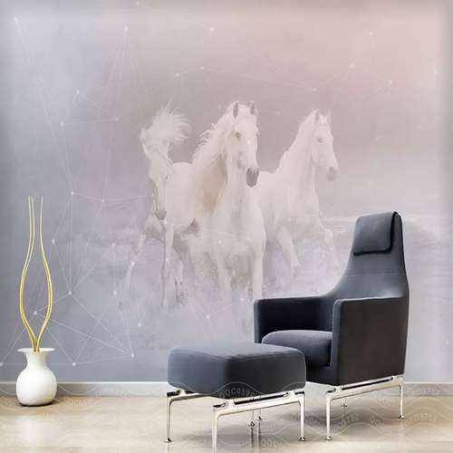 پوستر دیواری سه بعدی مدل اسب سفید دونده زمینه هندسی DVRF2194