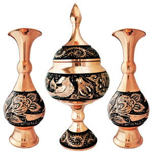 ست 3 تکه گلدان و شکلات خوری مسی مدل الماس تراش کد JR-st2023