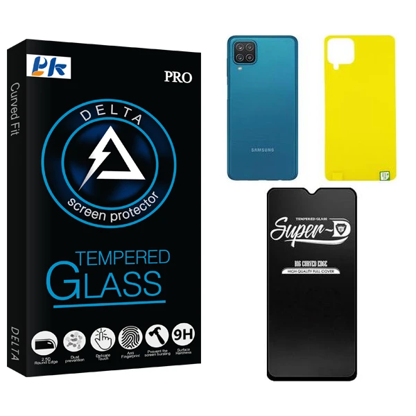 محافظ صفحه نمایش شیشه ای پی کی مدل Delta  Super-D مناسب برای گوشی موبایل سامسونگ GALAXY A12  به همراه محافظ پشت گوشی
