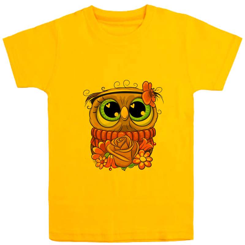 تی شرت آستین کوتاه دخترانه مدل جغد D20 رنگ زرد