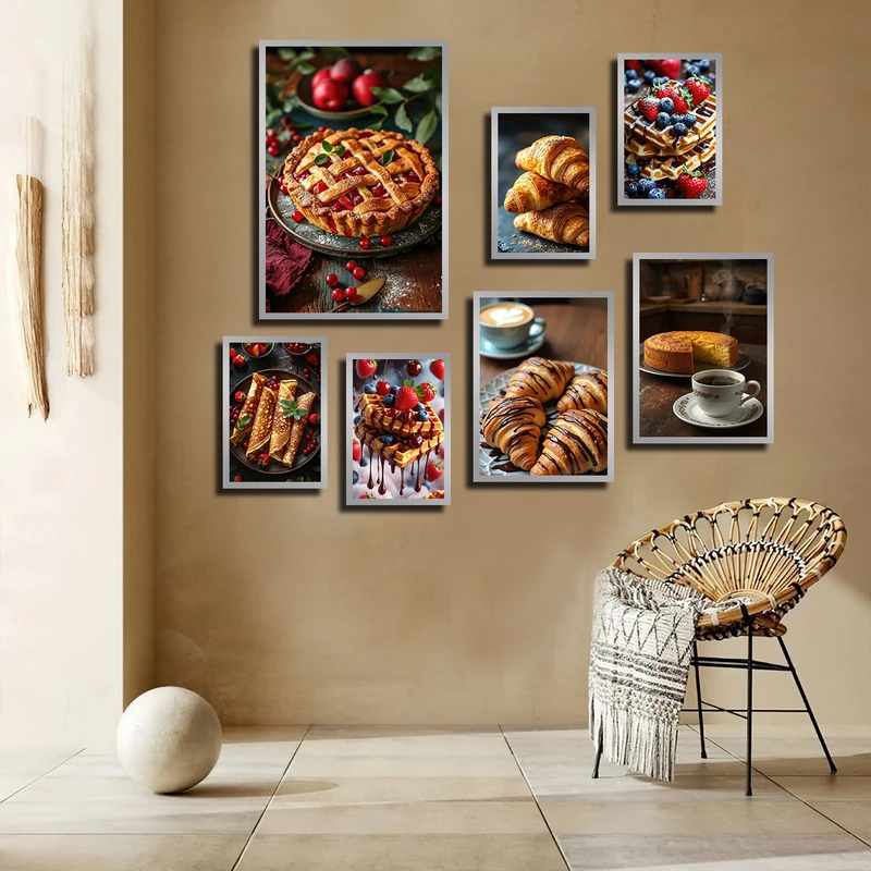 تابلو بکلیت طرح کافه و رستوران کیک و پای سیب مدل SI-3776 فریم نقره ای مجموعه 7 عددی