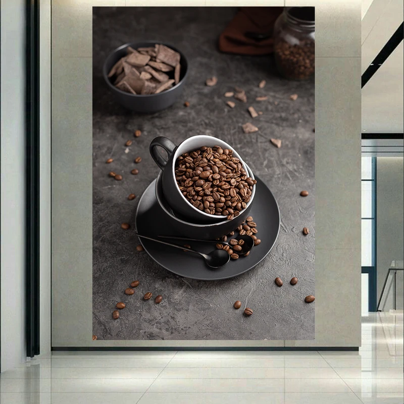 پوستر پارچه ای مدل چرم مخمل طرح قهوه دانه و فنجان کد AR2020