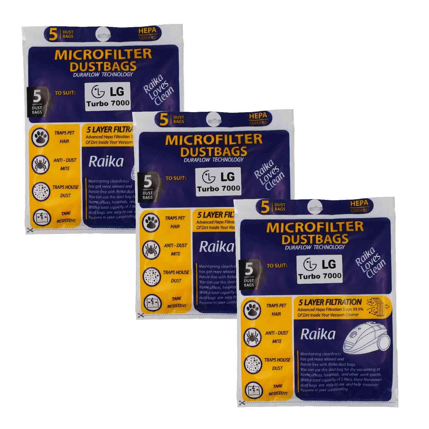 پاکت جاروبرقی رایکا مدل 01 مناسب الجی 7000 سه بسته 5 عددی