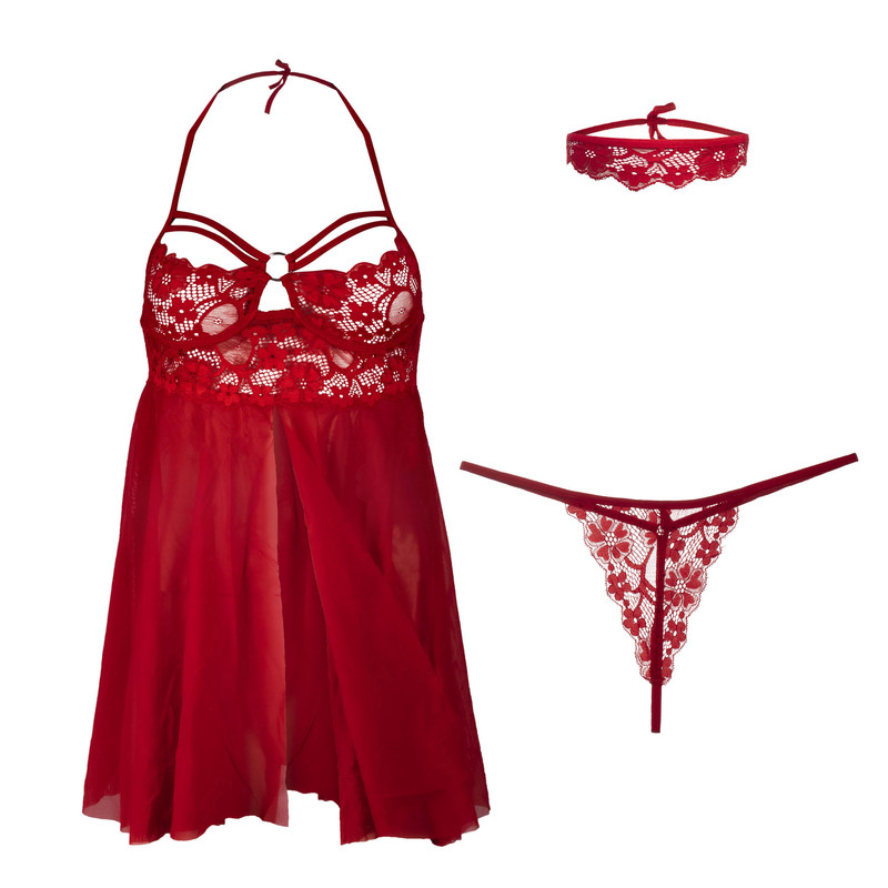 لباس خواب زنانه مدل گیپور و تور رنگ قرمز
