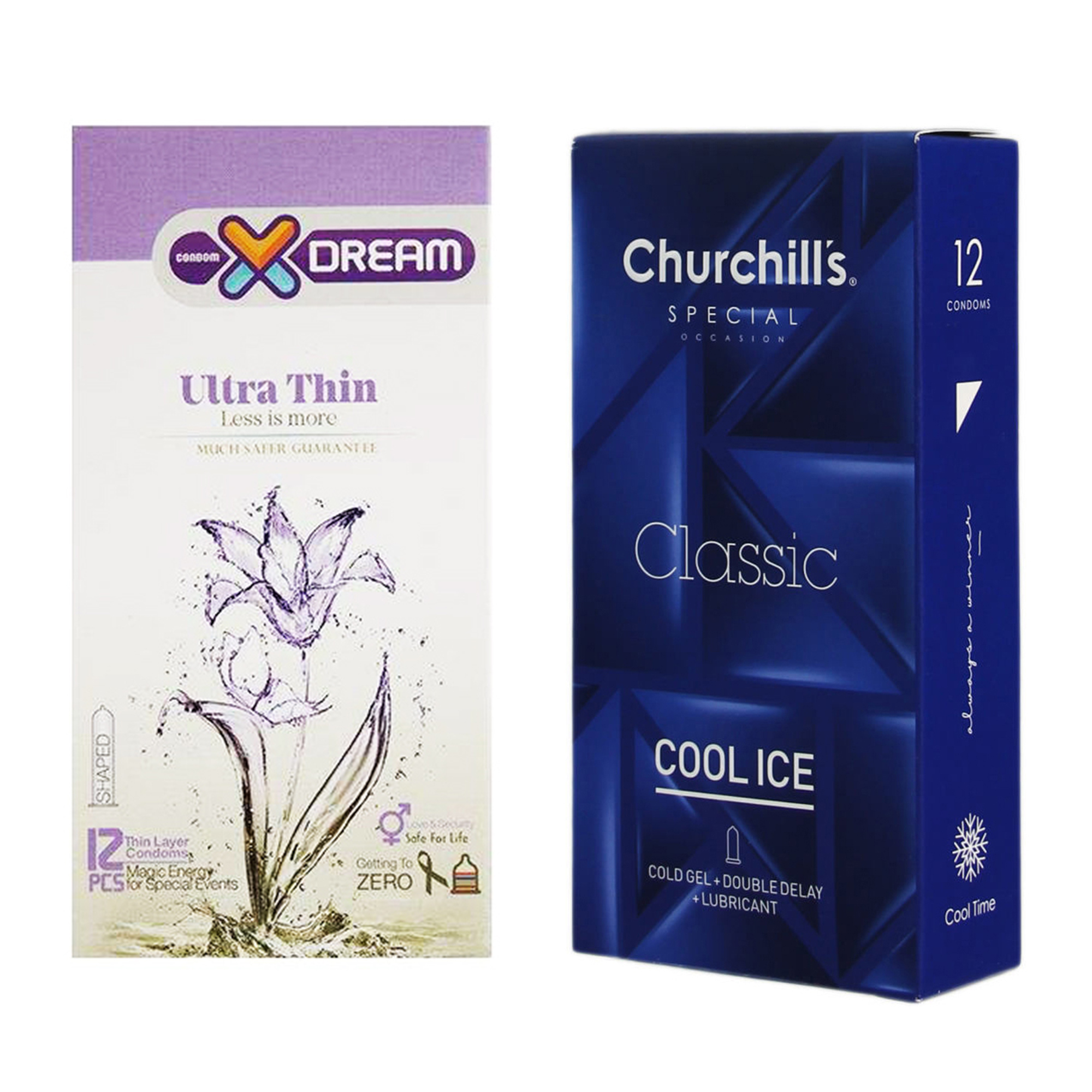کاندوم چرچیلز مدل Cool Ice بسته 12 عددی به همراه کاندوم ایکس دریم مدل Ultra Thin بسته 12 عددی