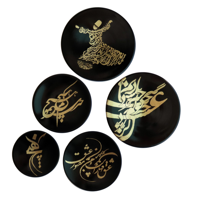 بشقاب دیوارکوب سفالی طرح هیچ مدل ورق طلا کد 1099 مجموعه 5 عددی
