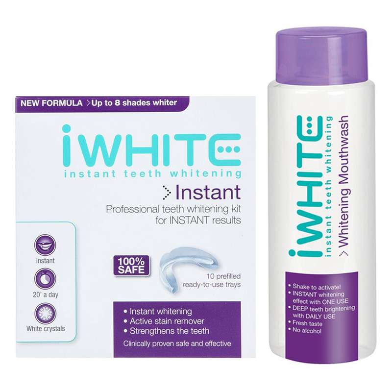سفید کننده دندان آی وایت مدل Instant بسته 10 عددی به همراه دهانشویه آی وایت مدل Instant حجم 120 میلی لیتر