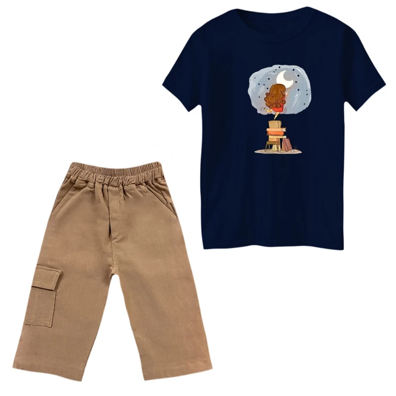 ست تی‌شرت و شلوارک دخترانه مدل دخترک و شب