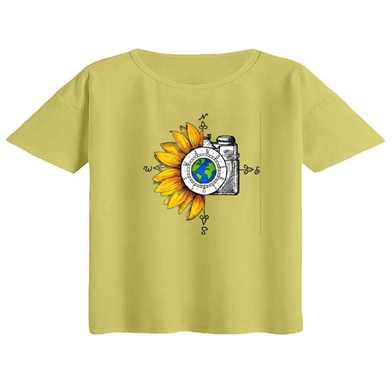 کراپ تی‌شرت آستین کوتاه زنانه مدل دوربین و آفتابگردان