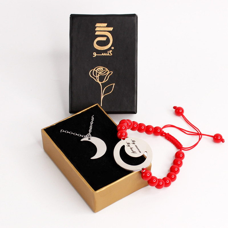 نیم ست زنانه گلسو مدل گردنبند و دستبند مهره ای ماه استیل