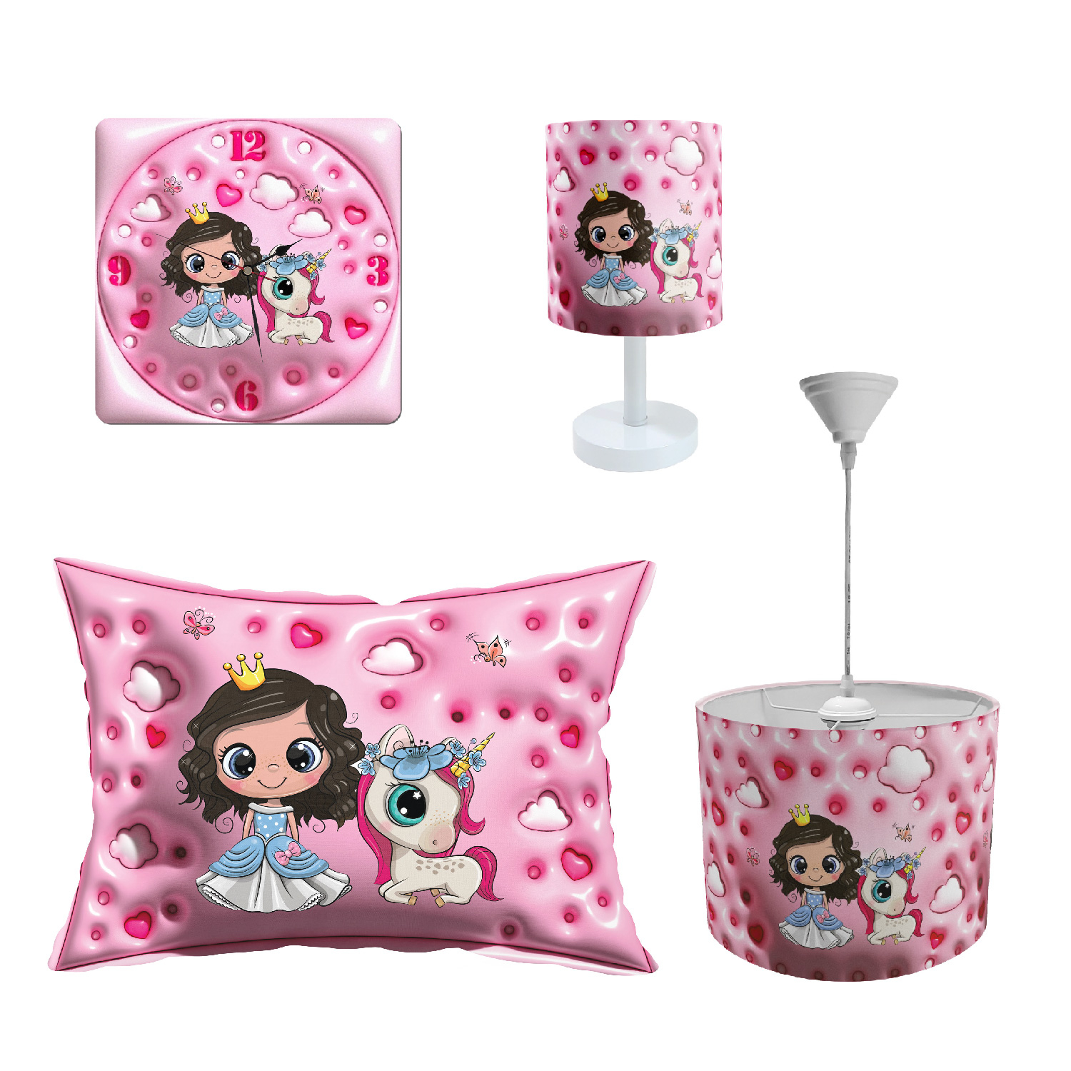 آباژور و لوستر کودک طرح پرنسس و یونی کرن مدل LBR-SET-004 به همراه ساعت و روبالشی