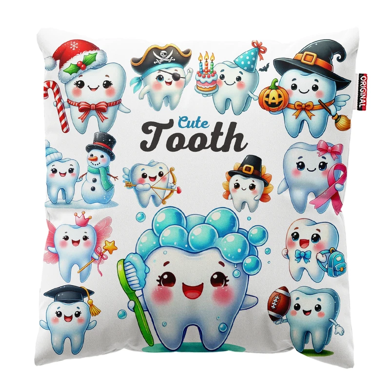 کوسن پاد آفرین مدل دندانپزشک مطب دندانپزشکی طرح دندان کد PK301874 سایز 30*30 سانتی متر