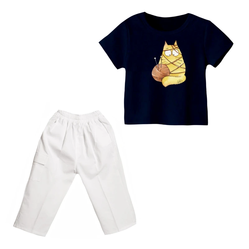ست تی شرت و شلوارک دخترانه مدل گربه کد 24
