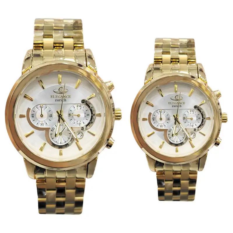 ست ساعت مچی عقربه ای زنانه و مردانه الگانس مدل سه موتور فعال کرنوگراف قفل مخفی