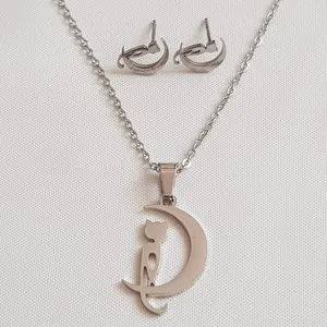 نیم ست زنانه استینلس استیل مدل گربه و ماه 3288