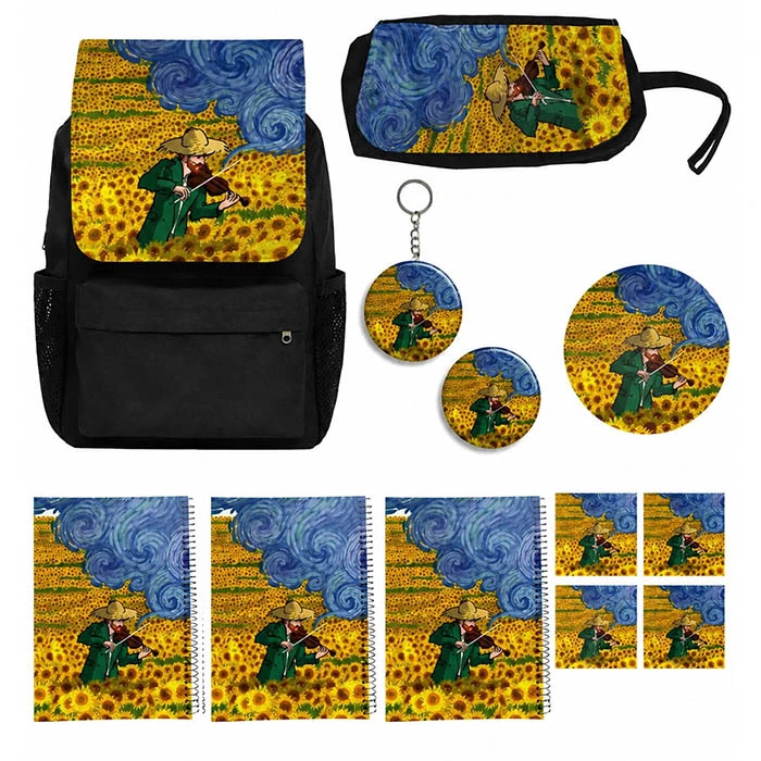کوله پشتی طرح گل های آفتابگردان ونگوگ مدل van Gogh کد C1 مجموعه 12 عددی