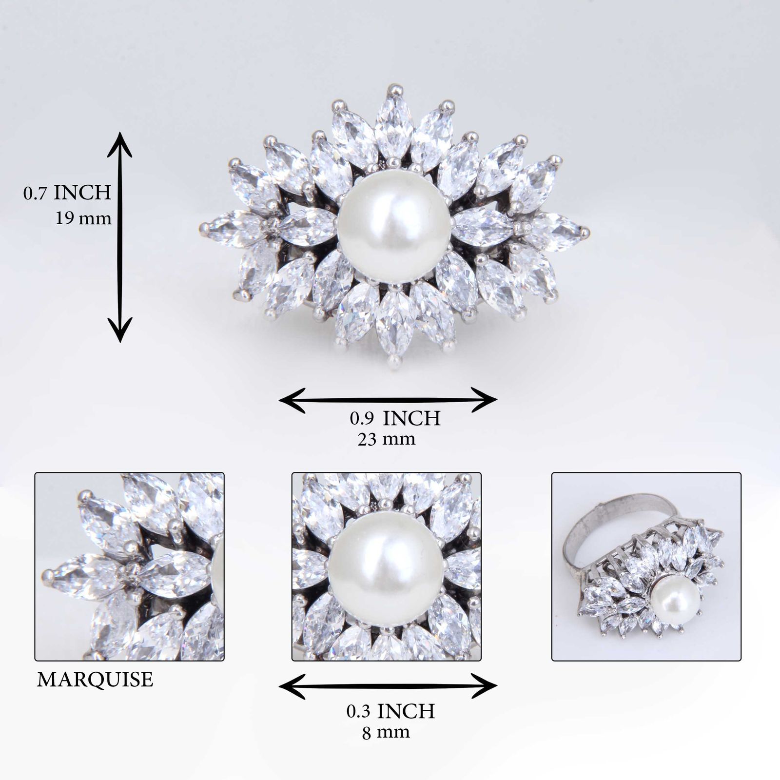 انگشتر نقره زنانه مدل سنگ مروارید مصنوعی مخراج نگین مارکیز ابکاری رادیوم کد AWR_2103 - - 2