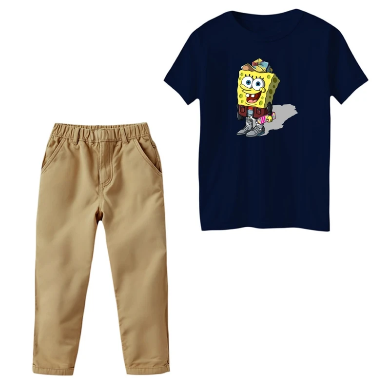 ست تی‌شرت و شلوار پسرانه مدل باب اسفنجی کد 5 رنگ سرمه ای