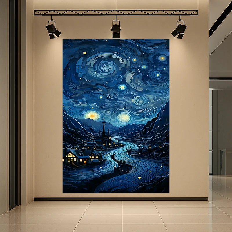 تابلو بوم طرح مخمل نقاشی مدل شب پرستاره ونگوگ کد AR3060079