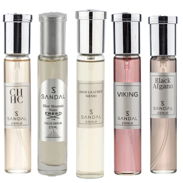 عطر جیبی مردانه صندل مدل سیلور کرید-ممو-مفیستو-سی اچ-وایکینگ با رایحه شیرین حجم 25 میلی‌لیتر مجموعه 5 عددی